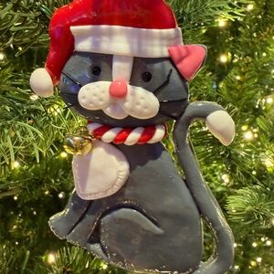 Festive Gray Cat Ornament with Santa Hat cat , Cat lovers